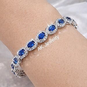 💎LUXURY BRACELET White Gold Zircon Inlaid Royal Blue Stone, Tennis High End